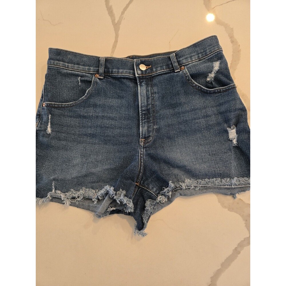 EXPRESS Size 12 Distressed Denim Shorts Womens Frayed Raw Hem Blue Jean